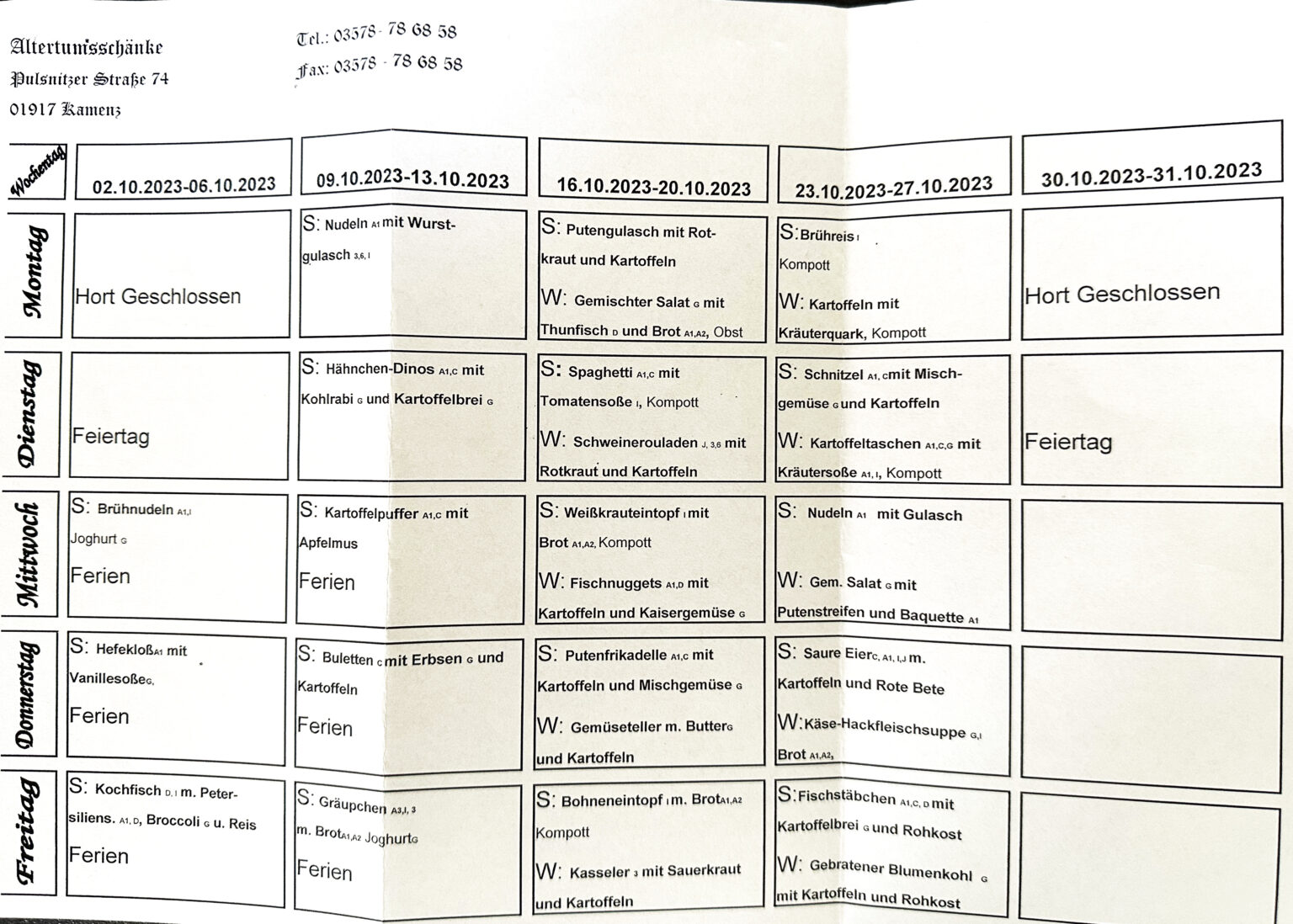 Speiseplan Oktober 2023 - Grundschule Am Gickelsberg